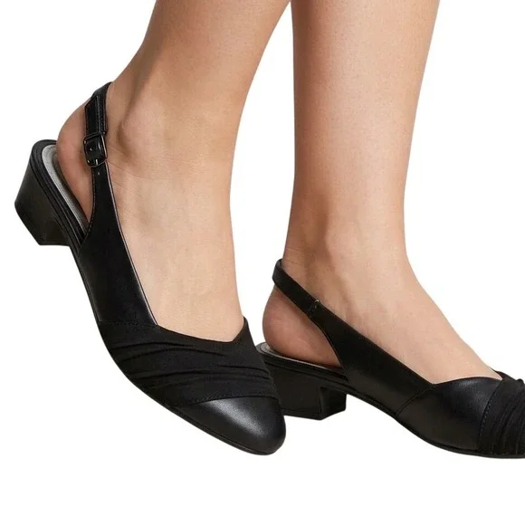 Easy Street Black Slingback Pumps‎ Pleated Low Block Heel Shoes 6.5