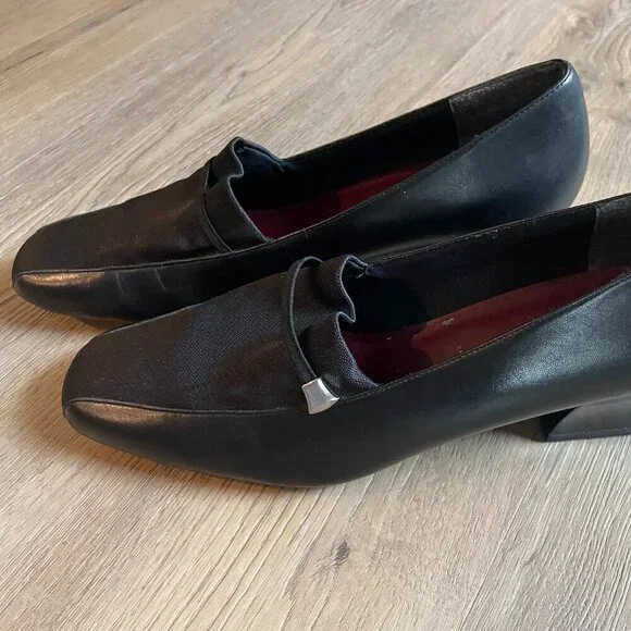 Naturalizer Black Leather & Fabric Pumps Chunky Heel Square Toe Shoe Size 10M!