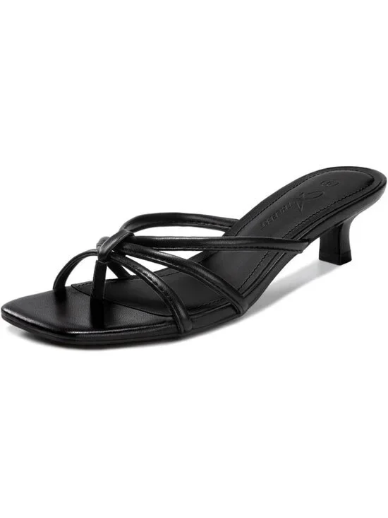Athlefit Women's Black Polyurethane Kitten Square Toe Strappy Flip Flop Low Heel