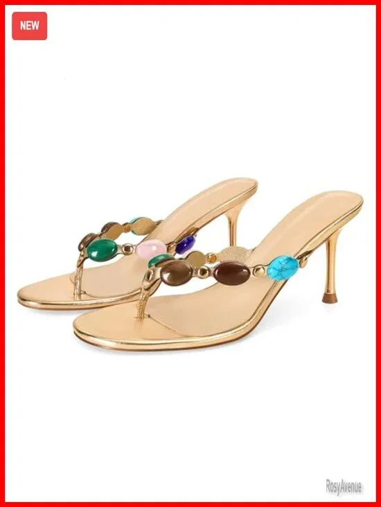 Heeled Sandals Thong Jewelled Kitten Heels Strappy Mule Slip On Vegan Leather