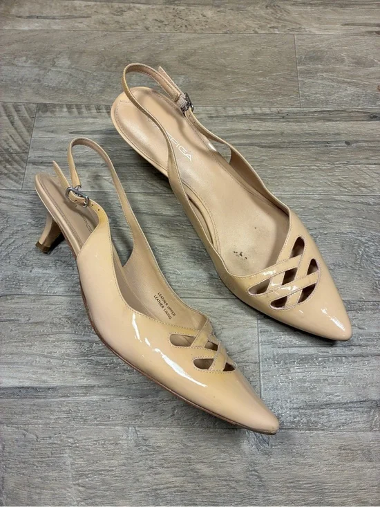 Via Spiga Italy Patent Leather Pointy Cut Out Slingback Kitten Heels
