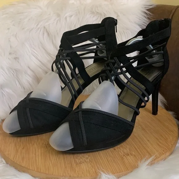 Laura Scott | Black Zipper Strappy Slip On Peep Toe Heels 10M NWOT