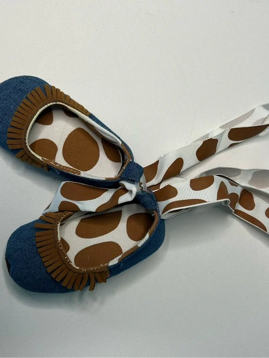 Mudpie Denim Fringe Moccasins in Blue and Brown 0-6 month 100% cotton