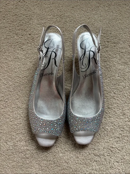 J. Renee Silver Rhinestone Slingback Peep-Toe Heels