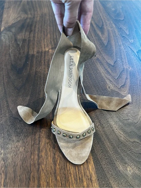 Ulla Johnson Taupe Suede Studded Ankle-Tie Heel