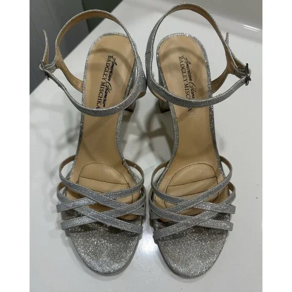 American Glamour Badgley Mischka Sparkly Silver Strappy Heels Shoes Size 6