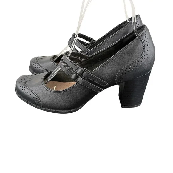 Clarks Collection Black Leather Wingtip Mary Jane Block Heel Pumps Womens 8 M