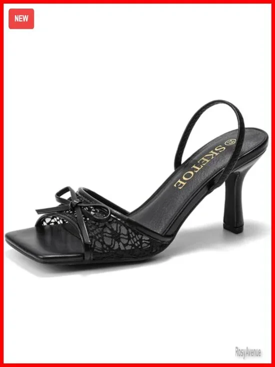 Square Toe Mesh Kitten Heels with Bowknot Design for Wedding Party