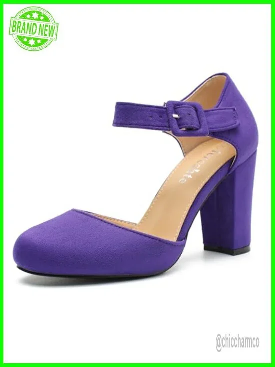 Chunky Block Heel Mary Jane Pumps with Ankle Strap 3.54 Inch Dress Shoes
