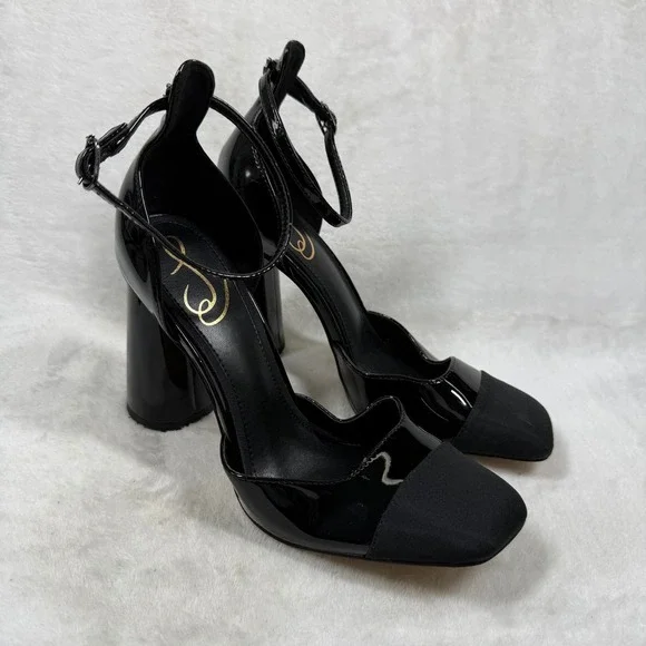 Sam Edelman Black Patent Square Cap Toe Ankle Strap Block Heel Pumps 6.5