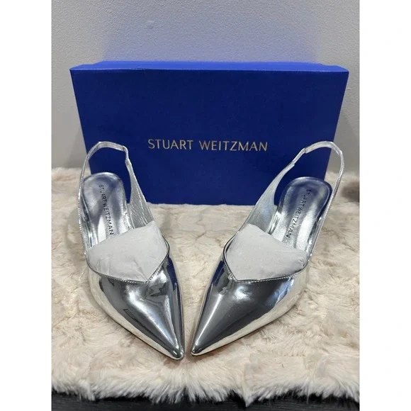 Stuart Weitzman Silver Slingback Pumps | Pointed Toe Heels Luxury Modern Glam‎