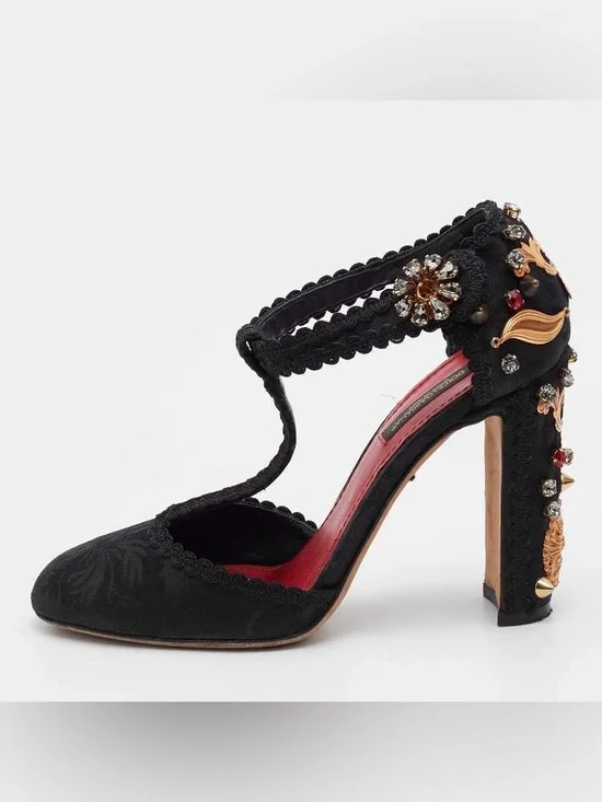 Black CrystEmbellished T-Strap High Heel piece of art 5 L45-A11