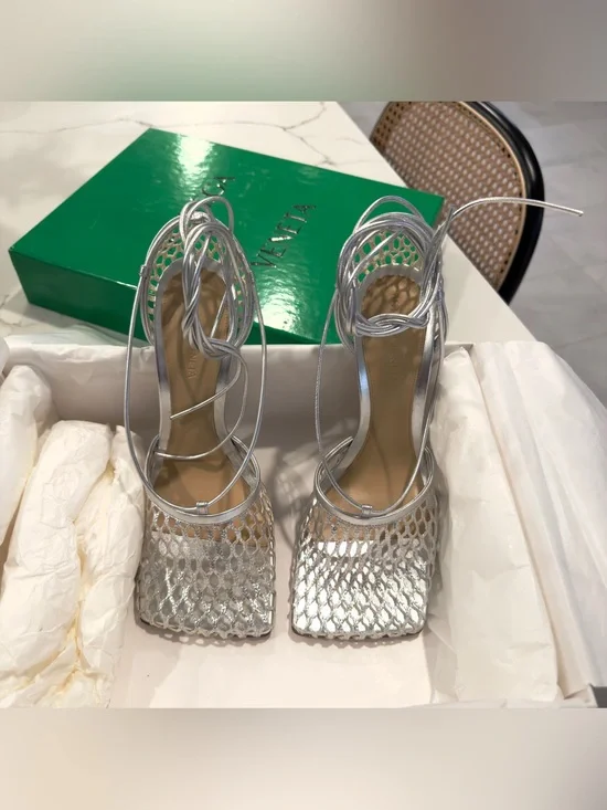 Bottega Veneta stretch metallic leather heel sandals