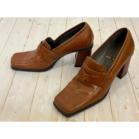 ME TOO Oceana Block Heel Penny‎ Square Toe Leather Loafers Size 5.5M US