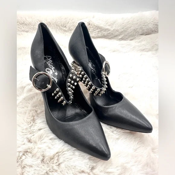 Alice + Olivia studded Dover moto Heels studs buckle‎ 37 US 7 black leather