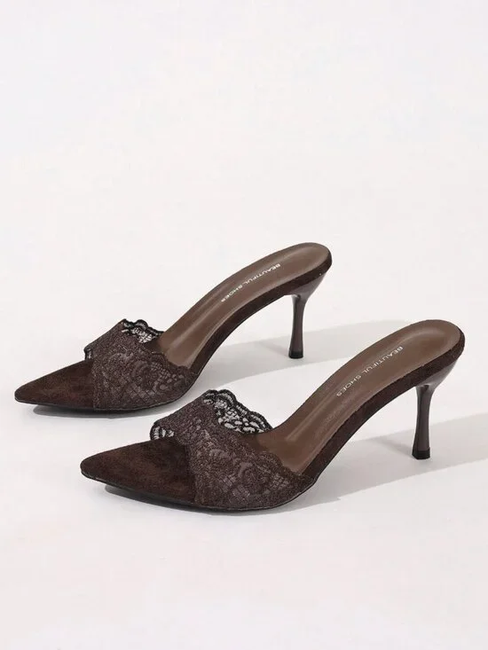 Brown Open-Toe Mesh Stiletto Women's Elegant Formal Slide Sandals