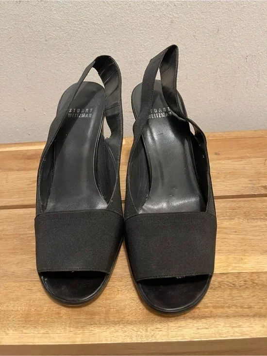 Stuart Weitzman Black Fabric Slingback Peep Toe Chunky Heels - Size 7.5 M