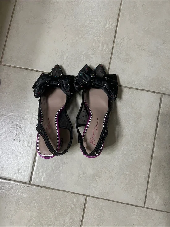 Betsey Johnson colorful embellished mesh bows with leopard block heels.