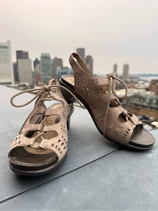 Abeo BioSystem Lace-Up Comfort Sandals WM9 Taupe Leather