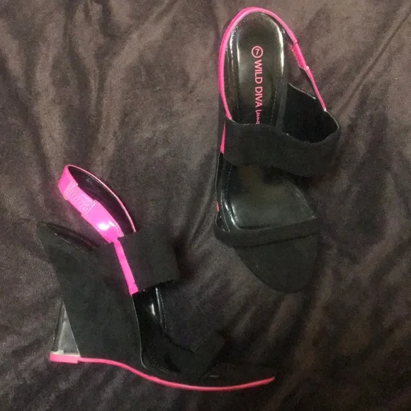 Dolls Kill Black Suede Wedge Heels with Hot Pink Trim