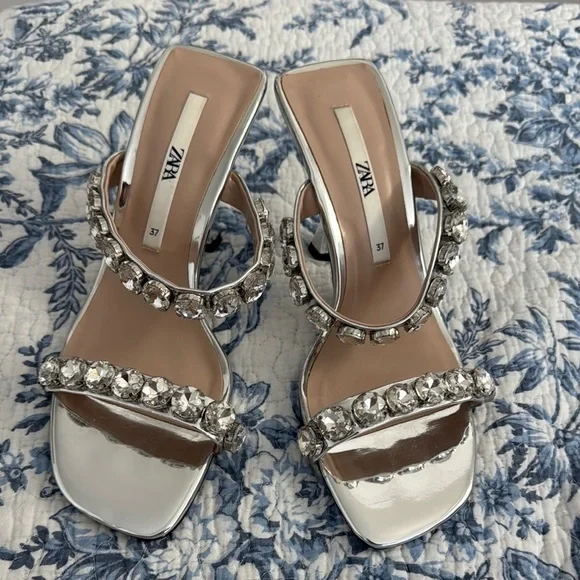 Zara Silver Metallic Jeweled Heels