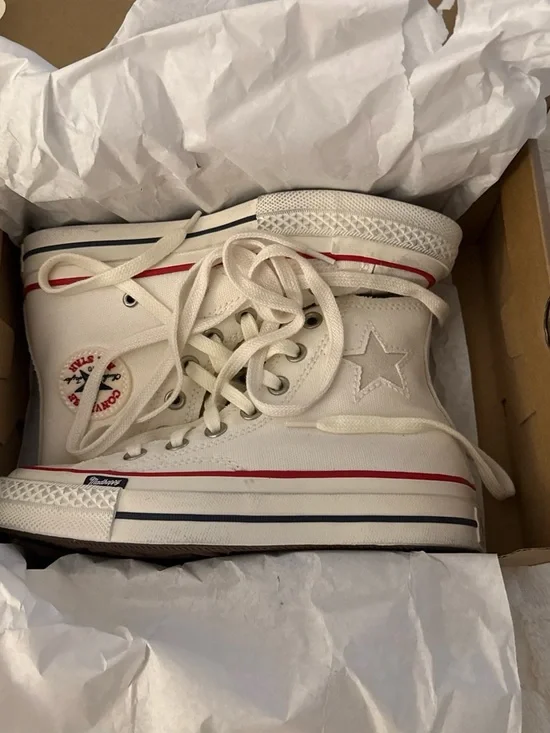 Converse White High Top Kids Sneakers with Red & Navy Stripes