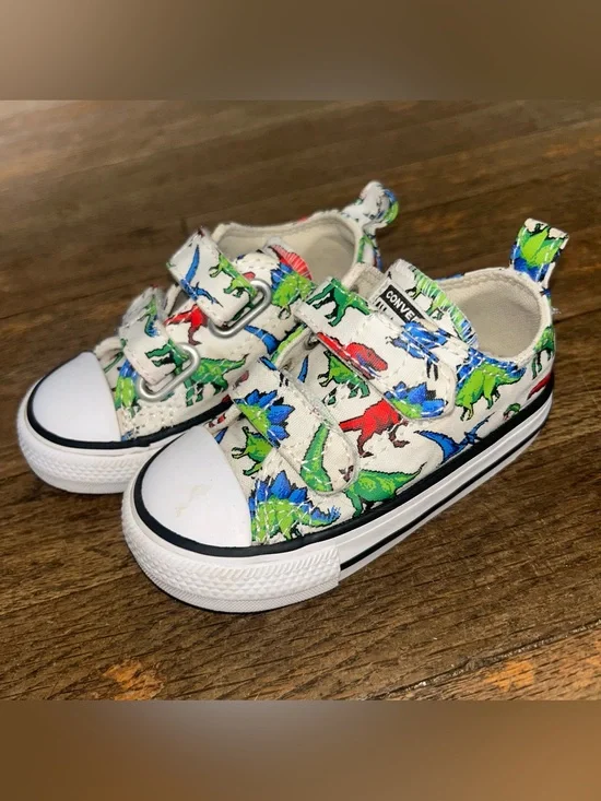 Converse Kids White Canvas Sneakers with Green, Blue & Red Dinosaur Print