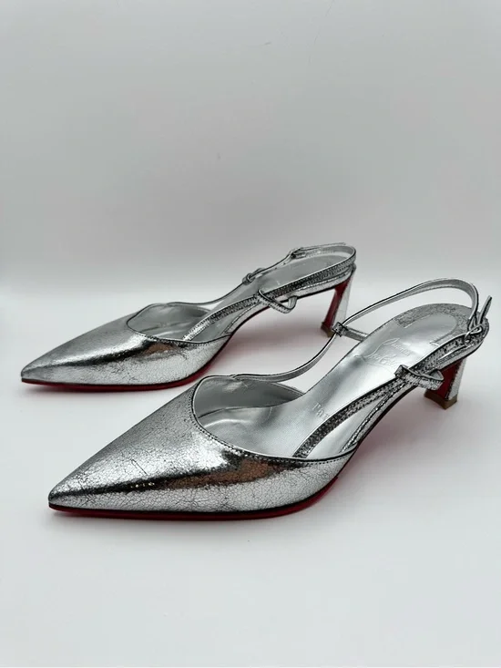 Christian Louboutin Condoroline 55 Silver Crackled Slingbacks EU 36