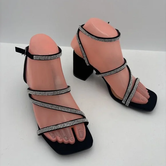 TOP MODA Women's Black/Silver Strappy Rhinestone Ankle Strap Buckle Heel  6.5