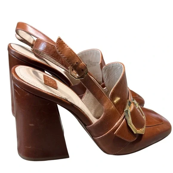 Louise et Cie Ilsa Slingback Pumps Womens 9.5 Leather Block Heel Brown Buckle