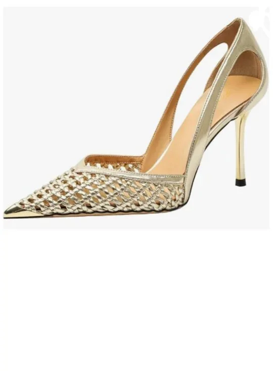 FOWT Gold Pointed Cap Toe Pumps Slip on Stiletto High Heels Hollow Cut Sexy Shoe