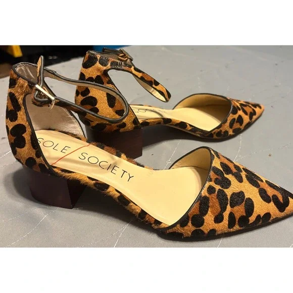 Sole Society Katarina 2 Leopard Print Cow Hair d'Orsay Block Heel Pumps 9.5M