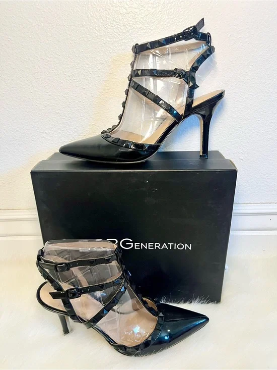 BCBGeneration Darron Black Studded Strappy Pointed-Toe High Heels