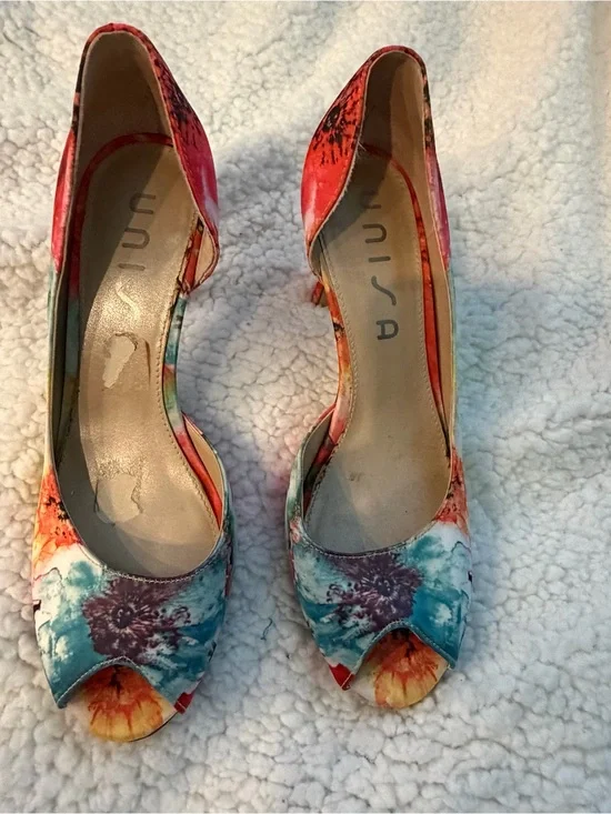 Unisa Multicolor Floral Peep-Toe Heels — Red, Blue, Orange