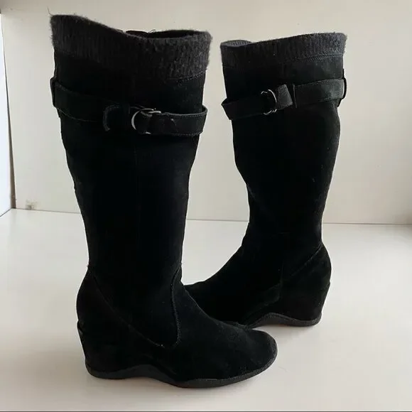 Black suede Sz 8 real leather wedge heel  heeled over the knee or knee boots