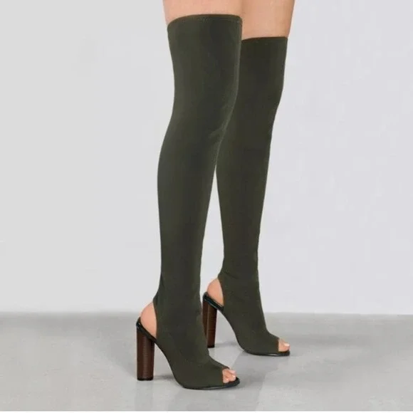 SEASON 2 Olive Green Suede Peep Toe Thigh‎ High Boots Block Heel Size 38 EU