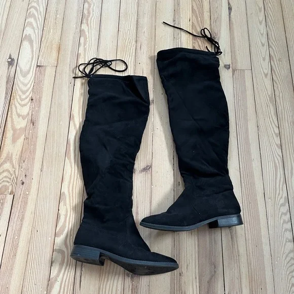 Charlotte Russe Black Suede Over The Knee Boots Tie Back Flat Heel Size‎ 8
