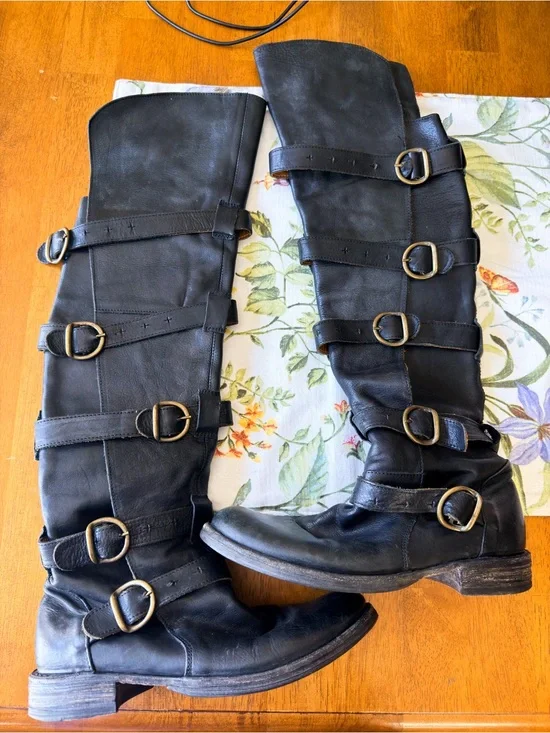 Fiorentini + Baker Eternity Tall Buckle Boots Distressed Black 37.5 GUC‎