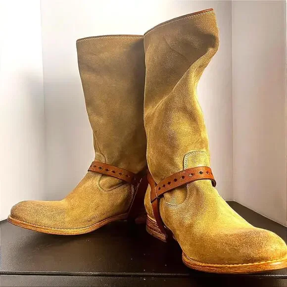 NDC‎ Women's Brown Hand Made Suede Riding Boots with Leather Straps - Size 6.5