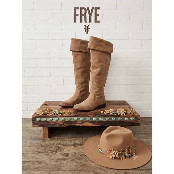 Frye Melissa Over The Knee Boots Tan Suede Boho fold Over Cuff Tall Flat Boot