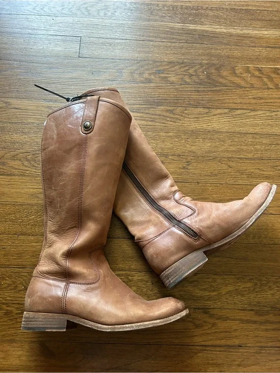 Frye Women's Tall Leather Zip Riding Boots in Cognac Brown
