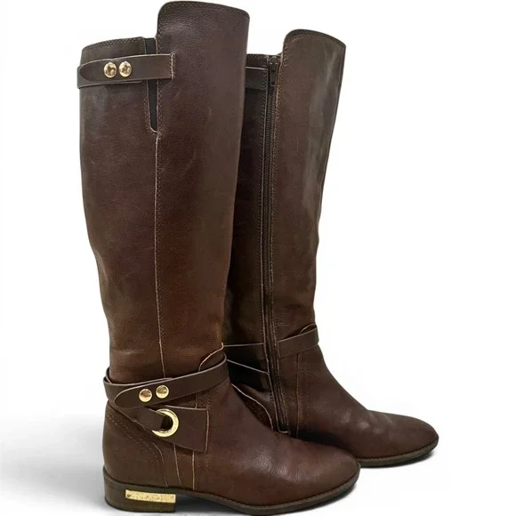 Vince Camuto Riding Boots Womens 8.5 Brown Leather Gold Hardware Tall