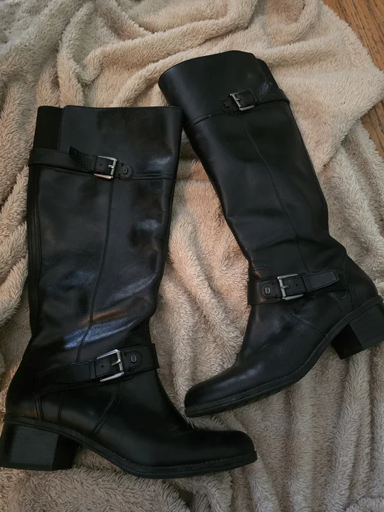 Bandolina Black Leather Knee-High Buckle Boots - Women