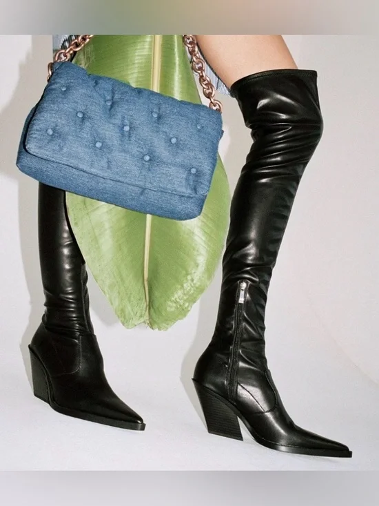 Zara black over-the-knee pointed-toe boots (Western/cowboy)