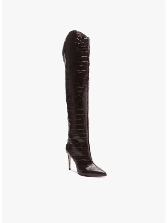 SCHUTZ Croc-Embossed Over-the-Knee Pointed Toe Stiletto Boots - Dark Brown