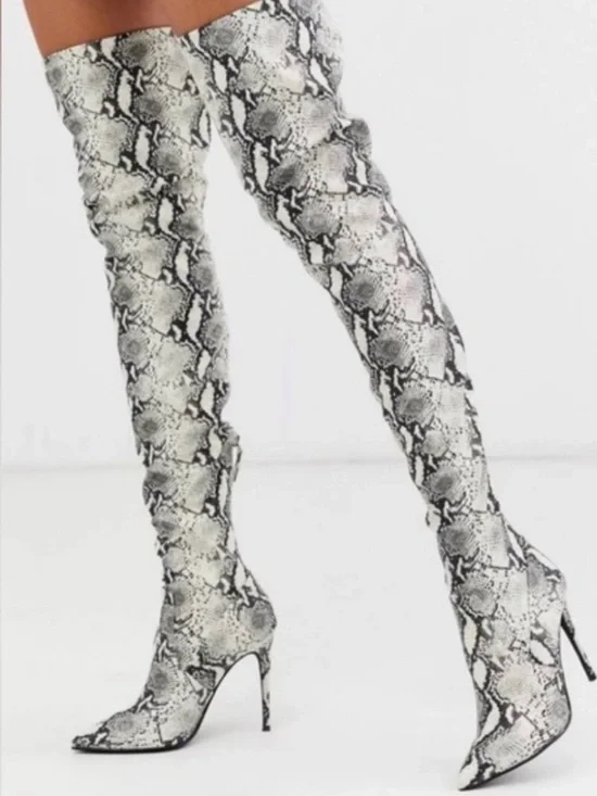 Steve Madden Snake-Print Over-the-Knee Stiletto Boots - White/Black NWT
