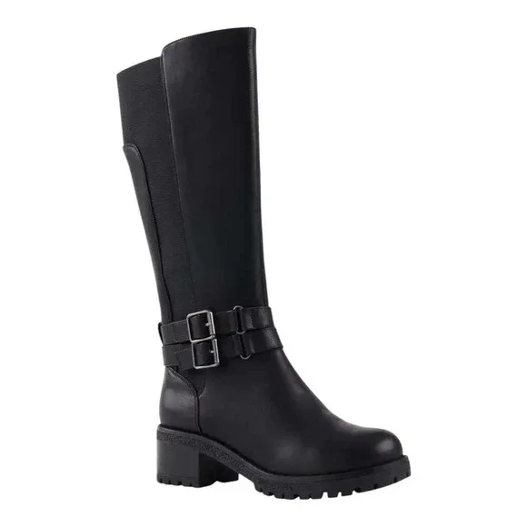 G.C. Shoes Women Black Tall Riding Boot Buckle Strap Block Heel Size 6.5