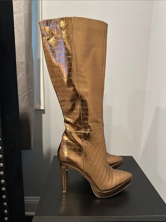 Thalia Sodi Metallic Gold Croc Embossed Over-the-Knee Stiletto Boots BRONZE