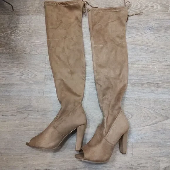 Forever Thigh High Boots Women 9 Brown Suede‎ Open Peekaboo Toe Over The Knee