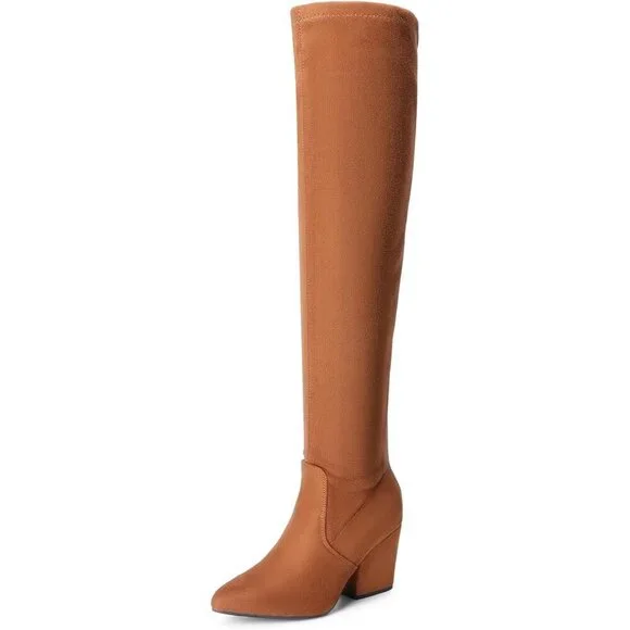 Women's Brown Pointed Toe Thigh High Chunky Blocked Heel Over The Knee Boots